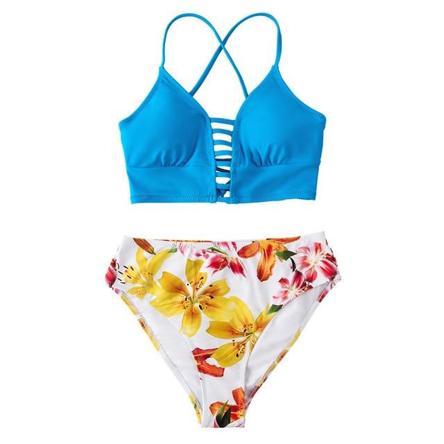 Red And Blue Floral Mid-waist Bikini Set