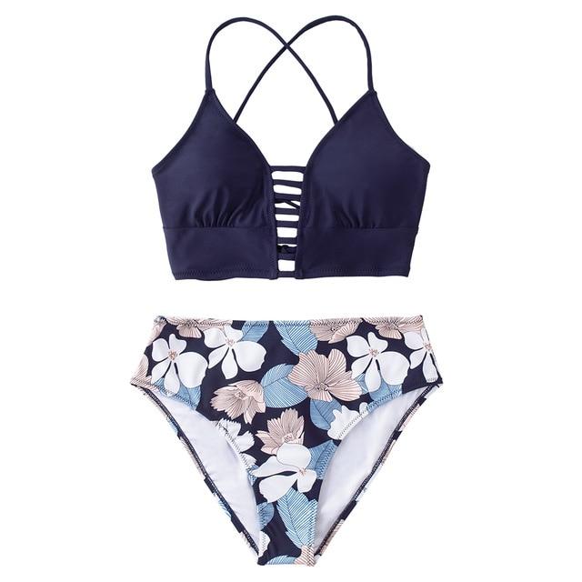 Red And Blue Floral Mid-waist Bikini Set