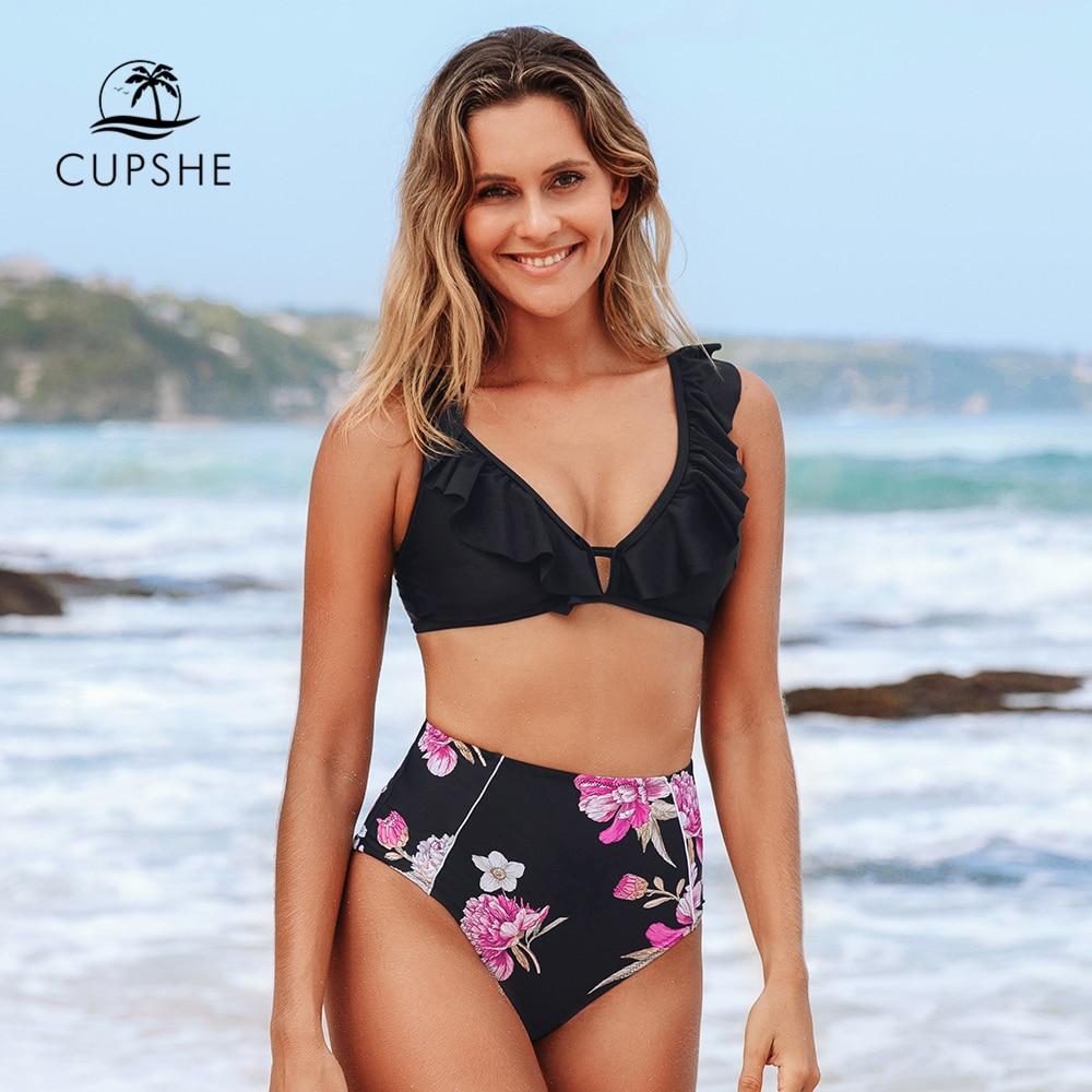 Black Floral Ruffled High-Waist Bikini Set