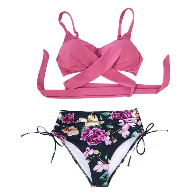 Pink And Floral Print High Waist Bikini Set