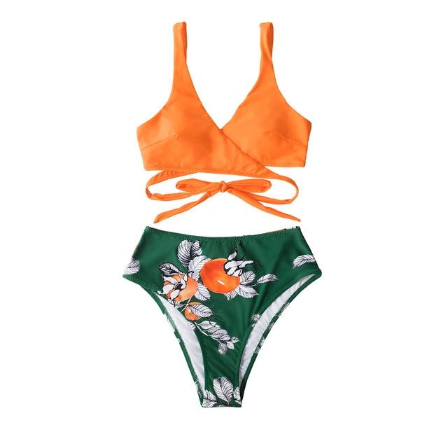 Orange Floral Wrap Lace Up Bikini Set