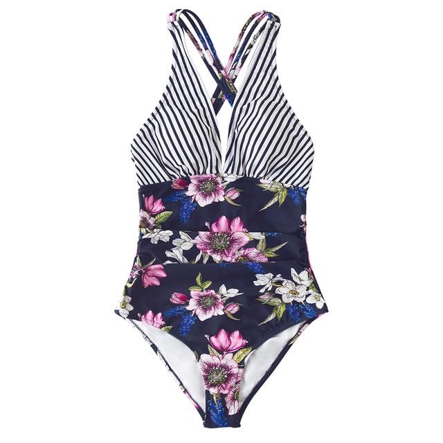 Stripe and Floral V-neck One-Piece