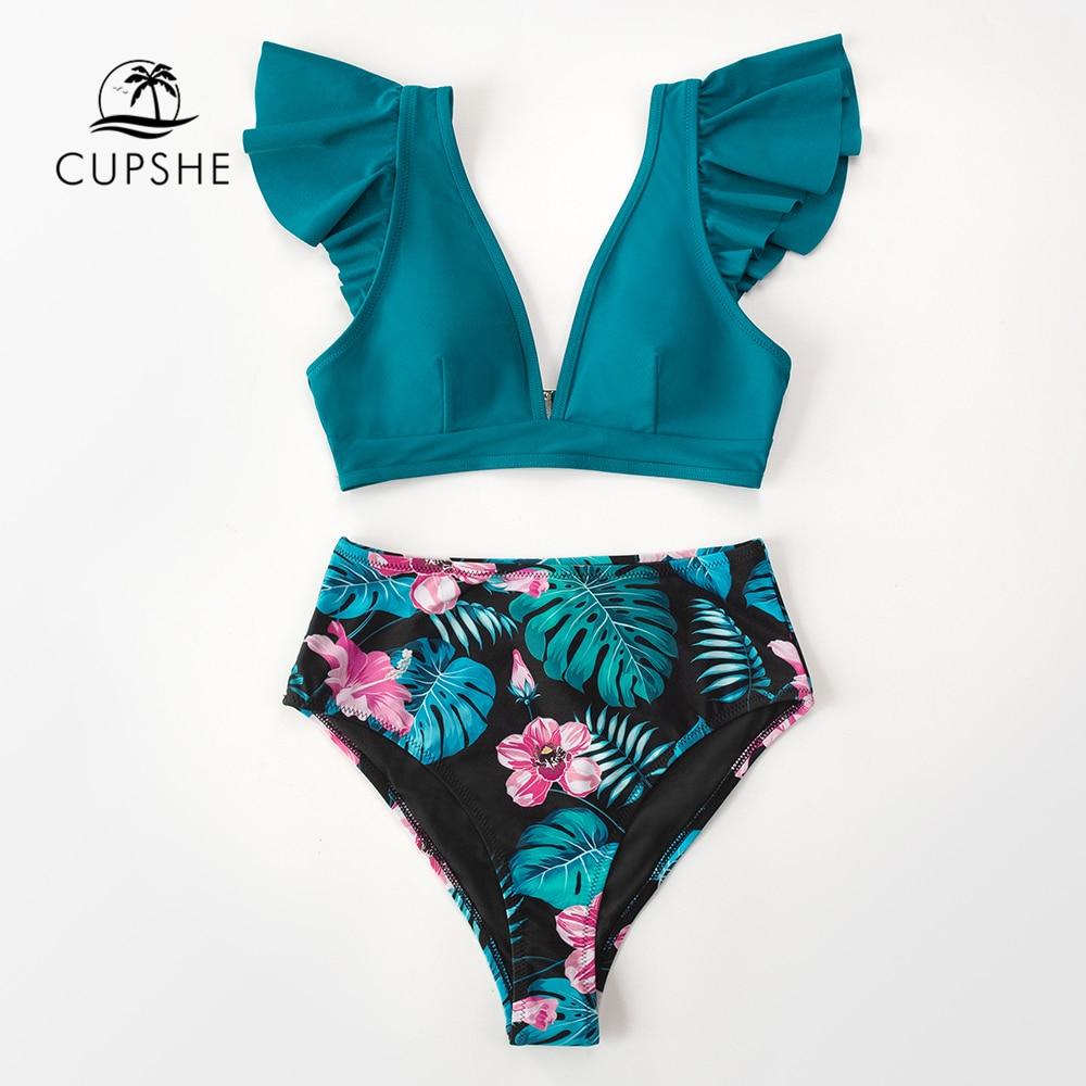 Teal Floral Ruffled High Waist Bikini Set