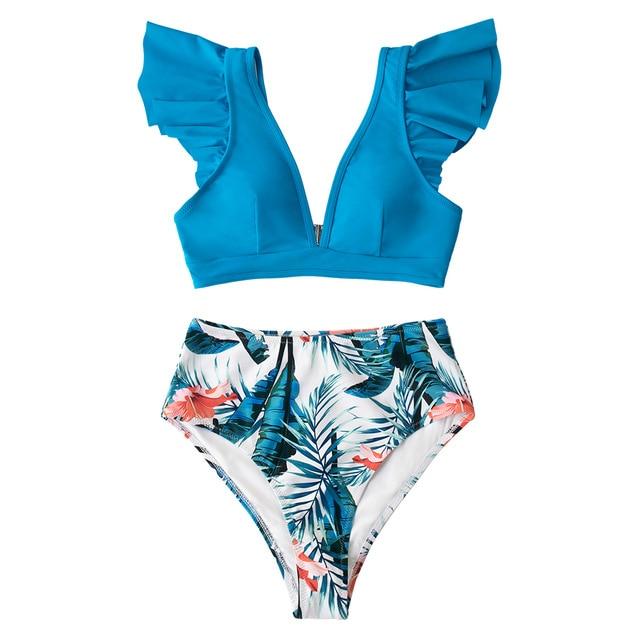 Teal Floral Ruffled High Waist Bikini Set