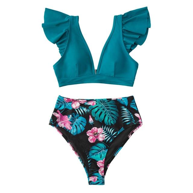 Teal Floral Ruffled High Waist Bikini Set