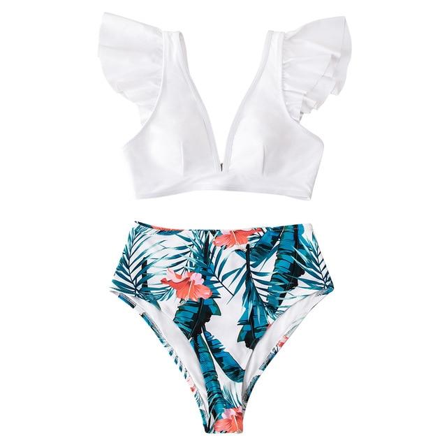 Teal Floral Ruffled High Waist Bikini Set