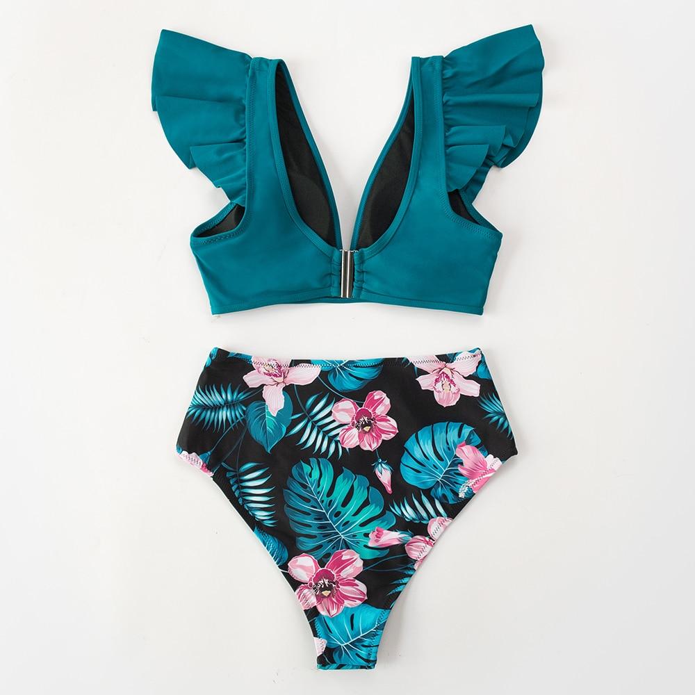 Teal Floral Ruffled High Waist Bikini Set