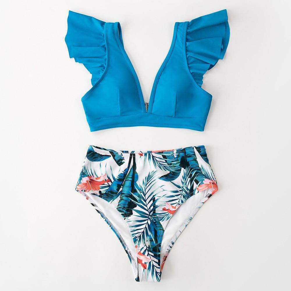 Teal Floral Ruffled High Waist Bikini Set