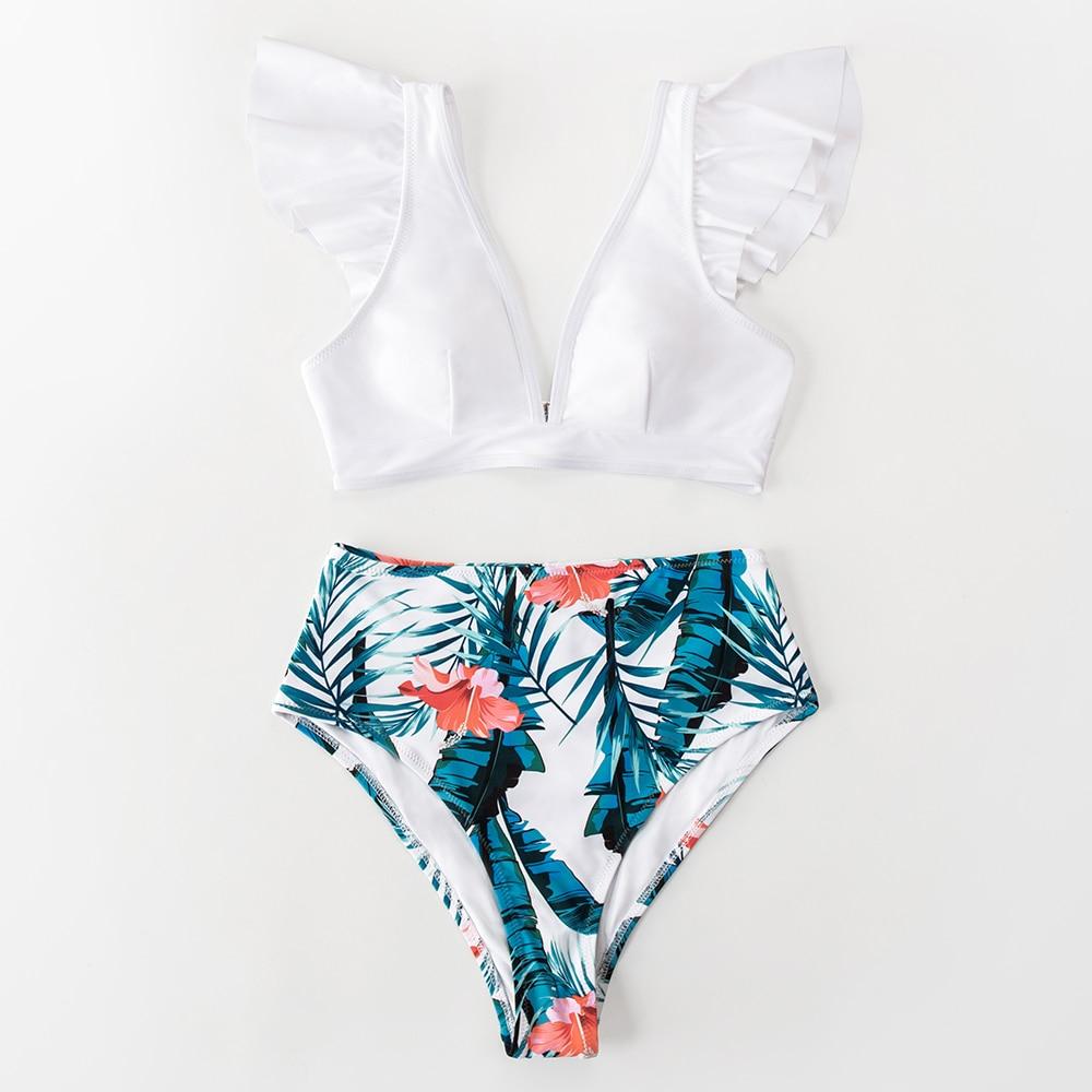 Teal Floral Ruffled High Waist Bikini Set