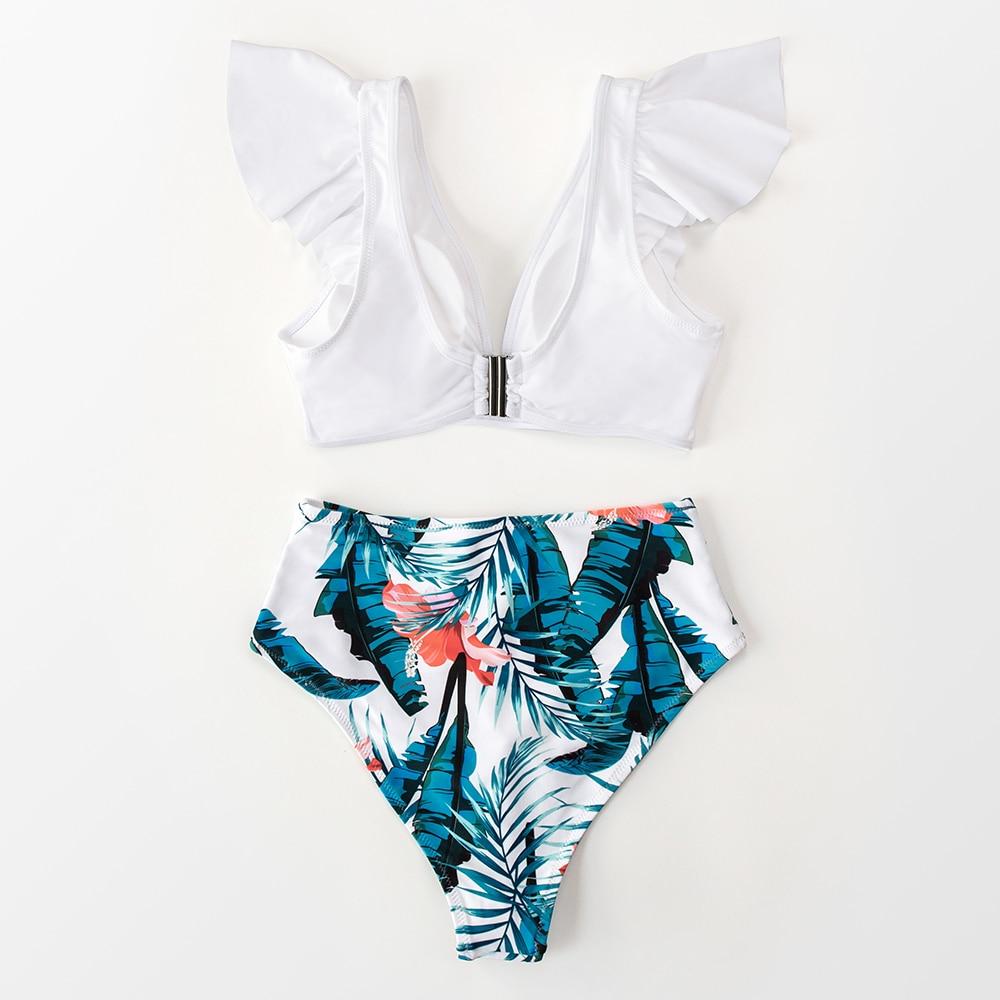 Teal Floral Ruffled High Waist Bikini Set