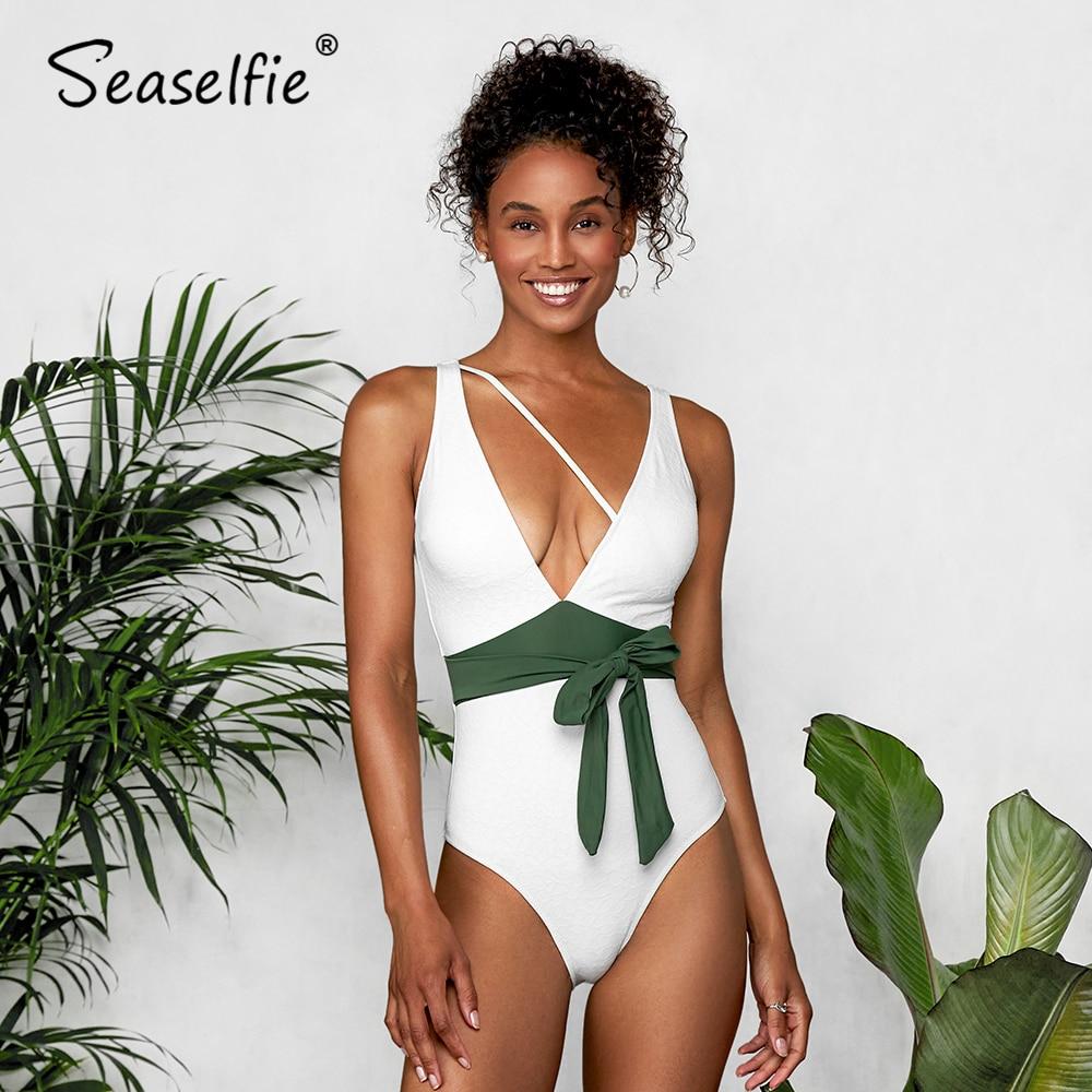 White One Piece Swimsuit With Green Belt