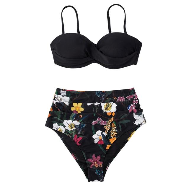 Black And Floral Push Up High Waist Bikini Set