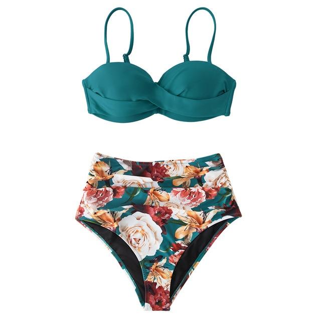 Black And Floral Push Up High Waist Bikini Set