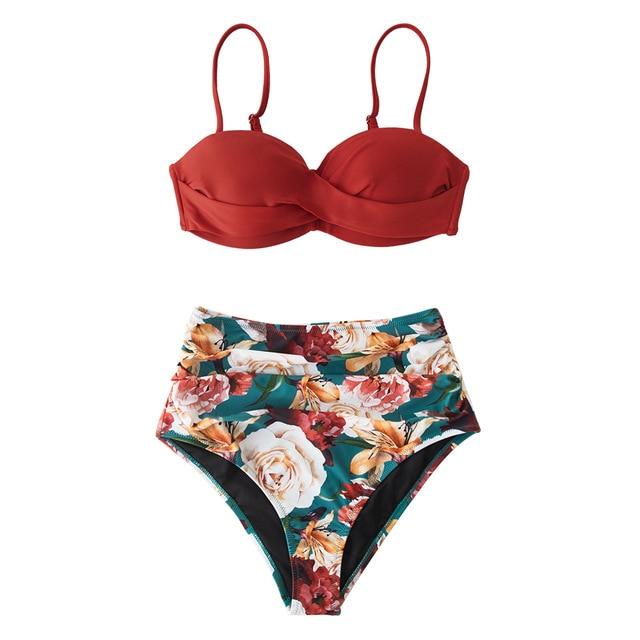 Black And Floral Push Up High Waist Bikini Set