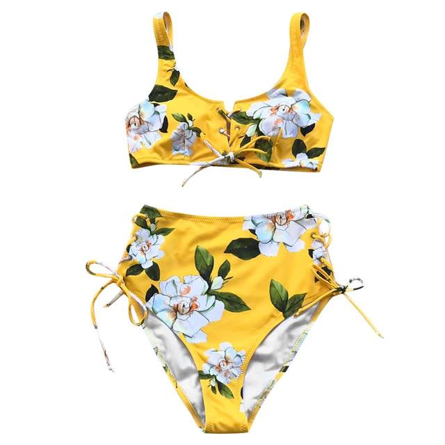 Yellow Floral High-Waist Bikini Set