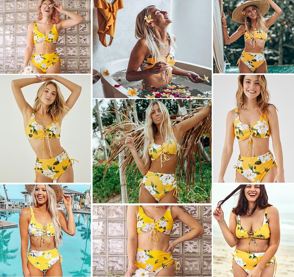 Yellow Floral High-Waist Bikini Set