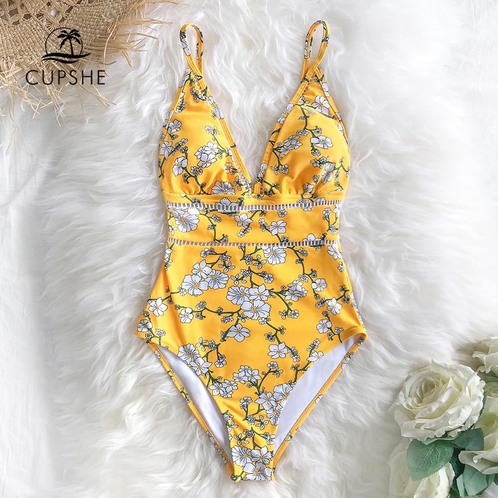 Yellow Pear Blossom Floral Print One-Piece