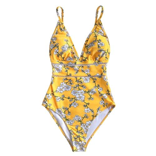 Yellow Pear Blossom Floral Print One-Piece