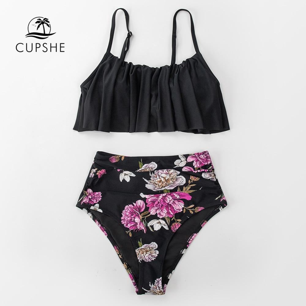 Black Floral Falbala Tank High-waist Bikini Set