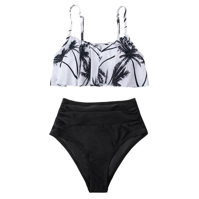 Black Floral Falbala Tank High-waist Bikini Set