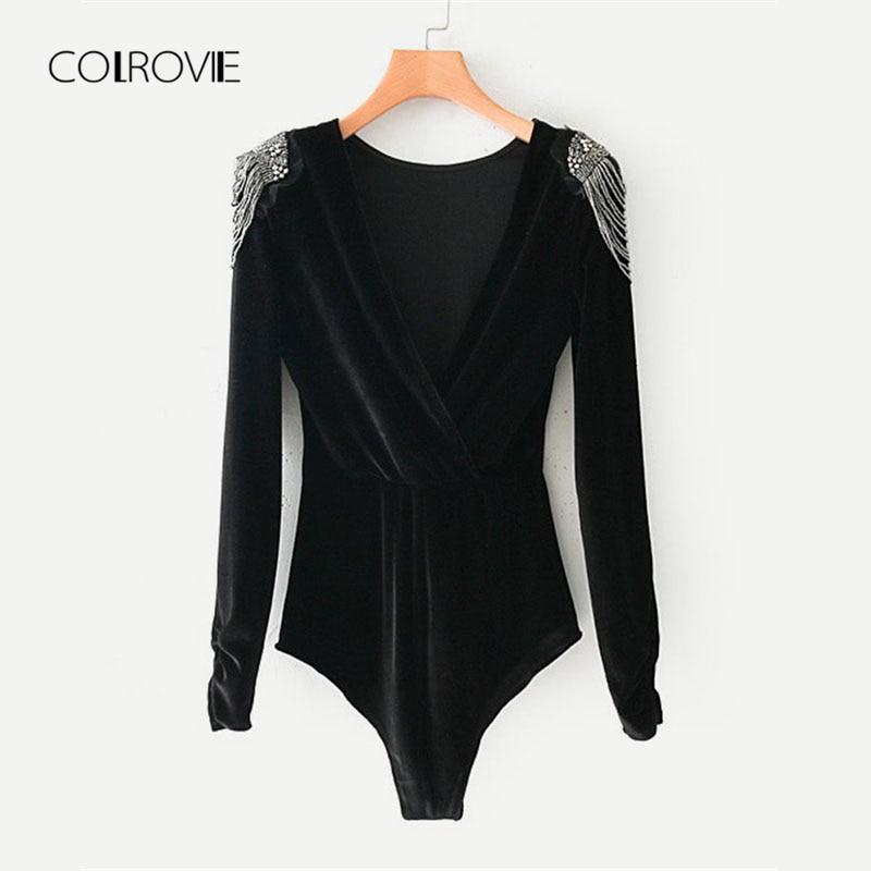 Solid V Neck Beading Shoulder Bodysuit